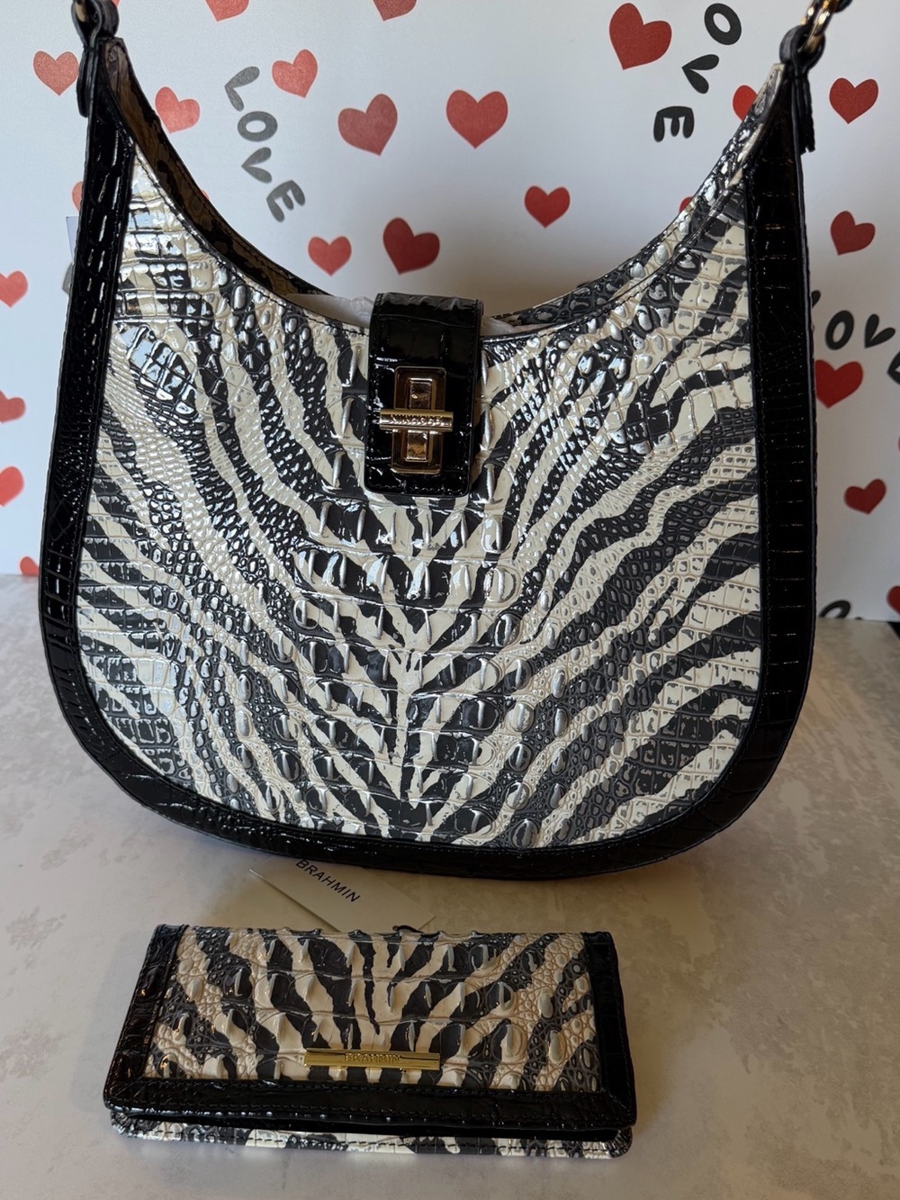 Zebra-Print Croc-Embossed Shoulder Bag with Matching Wallet - Black & Cream - Picture 7 of 12